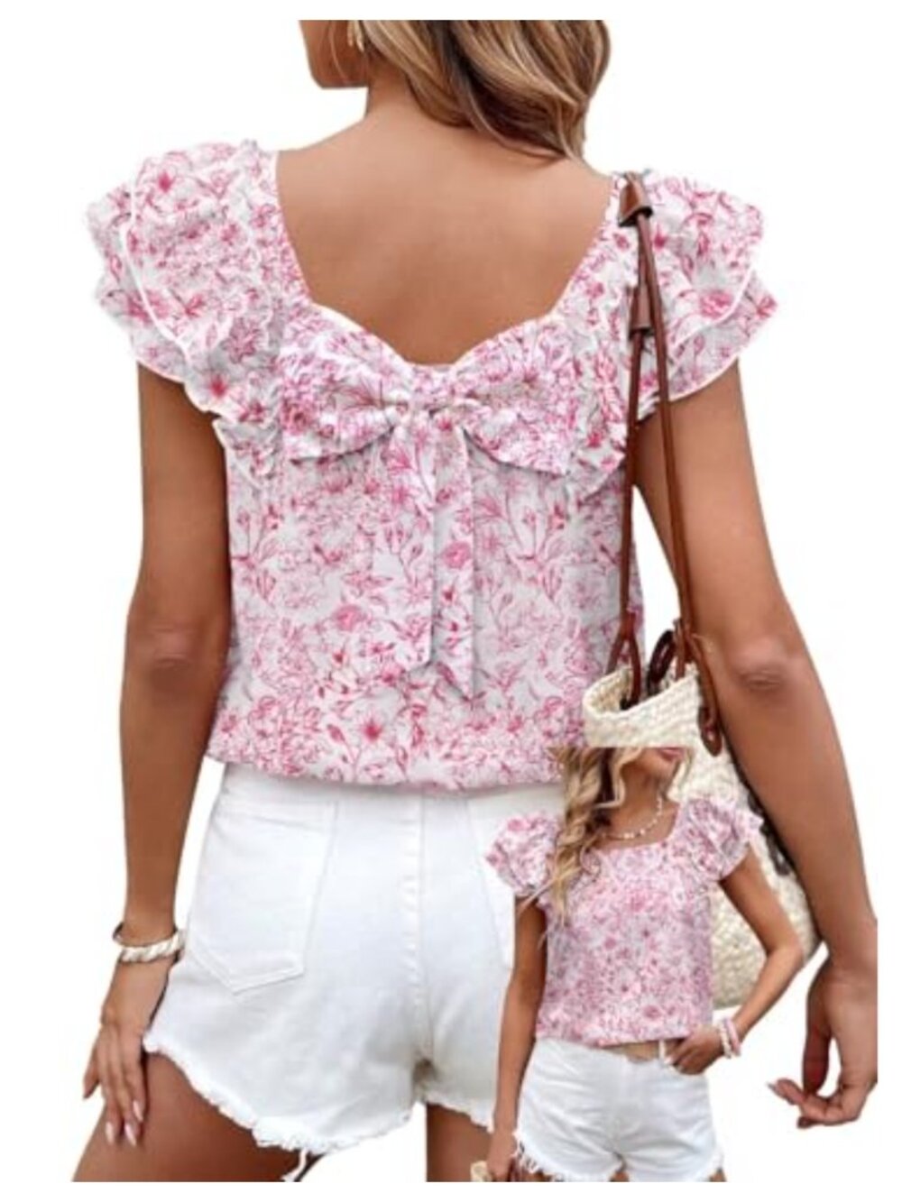 Womens Ruffle Sleeve Tunic Blouse with Bow Back Tie V-Neck